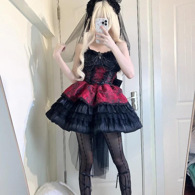 Noir Lolita Gothic Corset Dress, elegant Victorian style, sexy baddie aesthetic for special events
