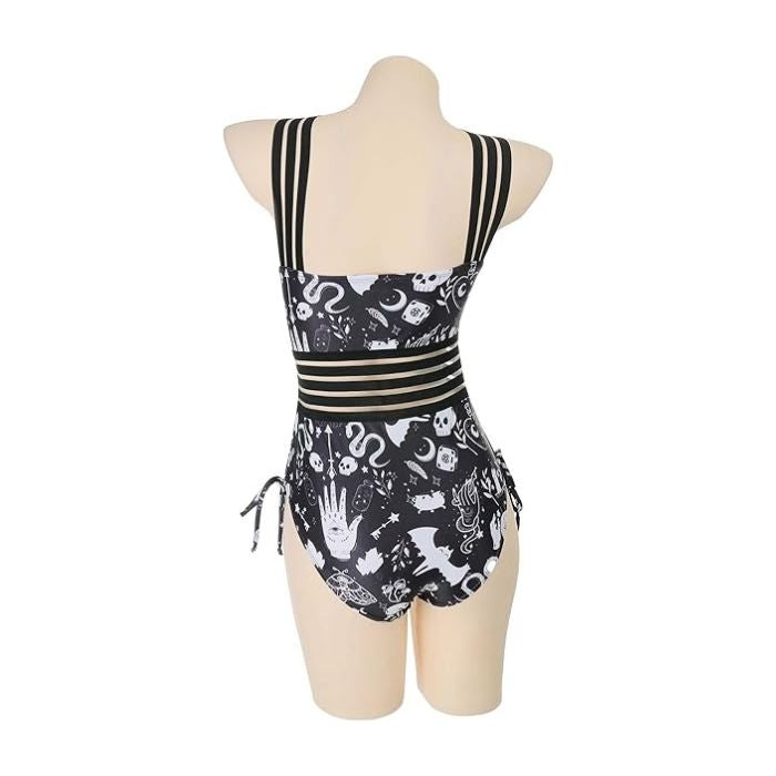 Black and white occult Witchy Hour bodysuit with moons, bats, skulls for DDLG ABDL play