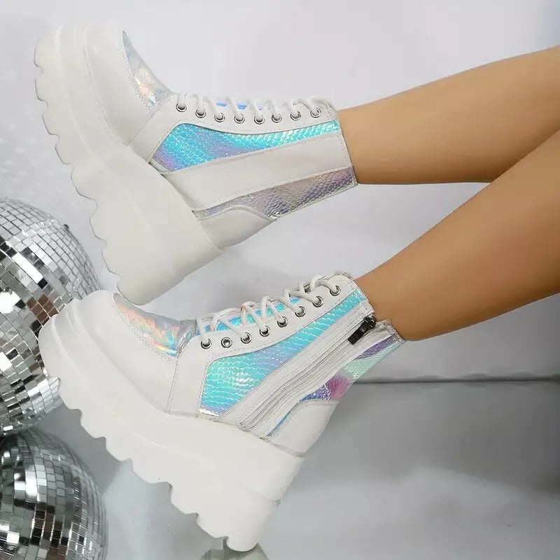 White Opal Spark Mermaid Doll Platforms glowing blue-purple holographic, cutecore fantasycore kawaii ABDL DDLG shoes
