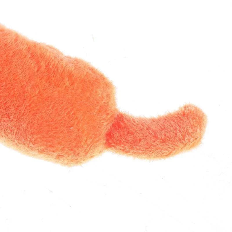 Back view of orange kawaii catnip plush pillow with crinkly tail