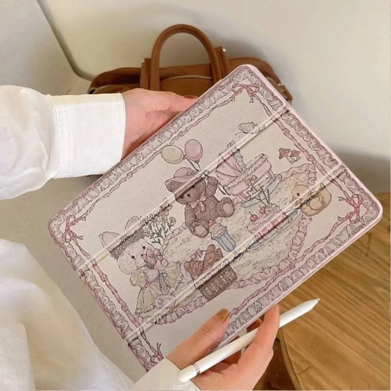 Pastel animal iPad sleeve with bear and bunny friends, foldable for stand, typing, or flat mode ✨