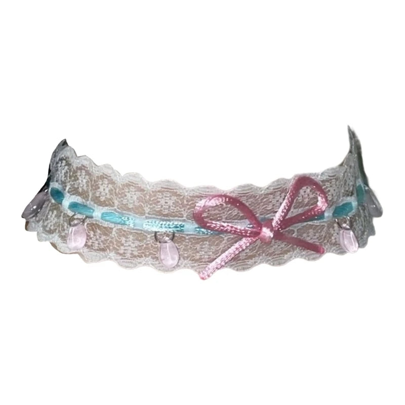 Close-up of Pastel Babybow Choker showing satin ribbon bow and soft lace details, crafted for cute bratty fashion