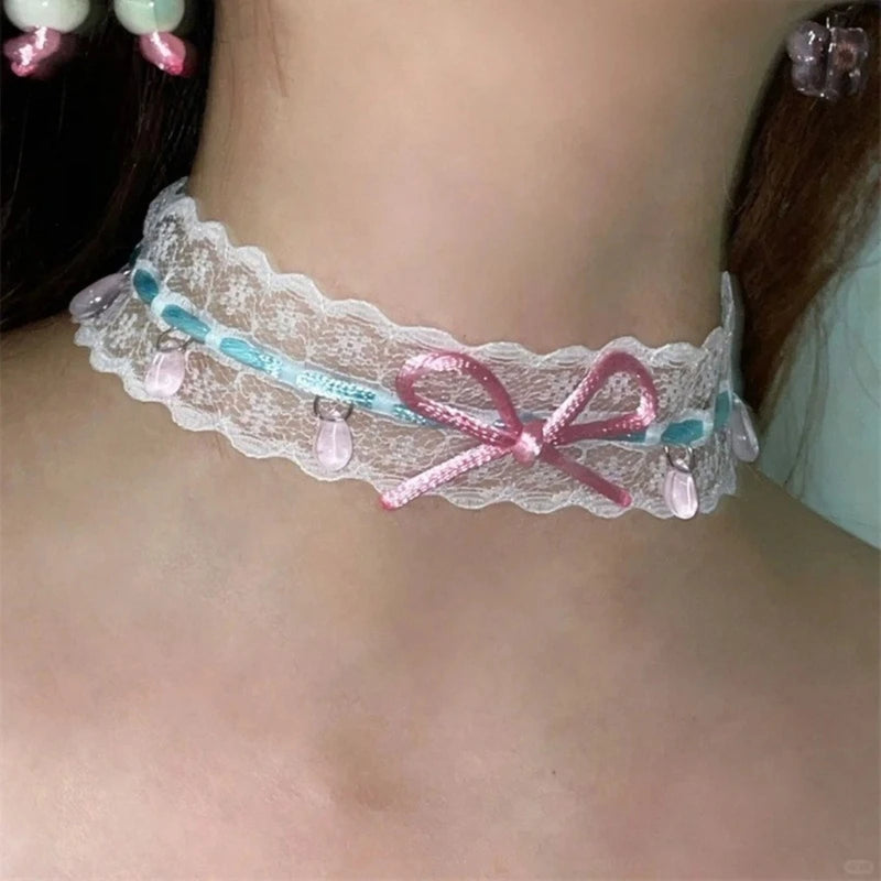 Lilac Pastel Babybow Choker featuring satin bow and soft lace, ideal for kawaii, brat, and ABDL fashion styles