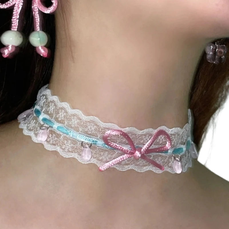 Pastel Babybow Choker in light pink with satin ribbon bow and delicate lace, perfect for DDLG babygirls and soft girls