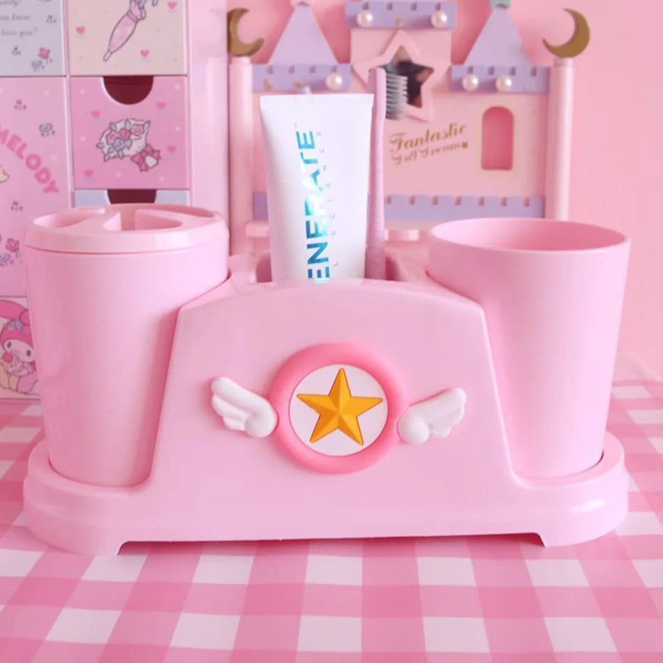 Pastel bathroom cutie set with two pink cups, sparkling star and wings motif, perfect for a kawaii little space β¨