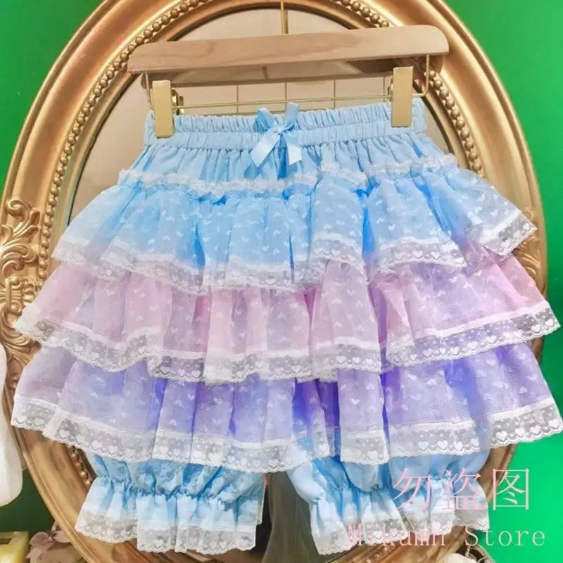 Pastel Princess Puff Ruffle Mini Skirt with dreamy blue, pink, and purple ruffle layers