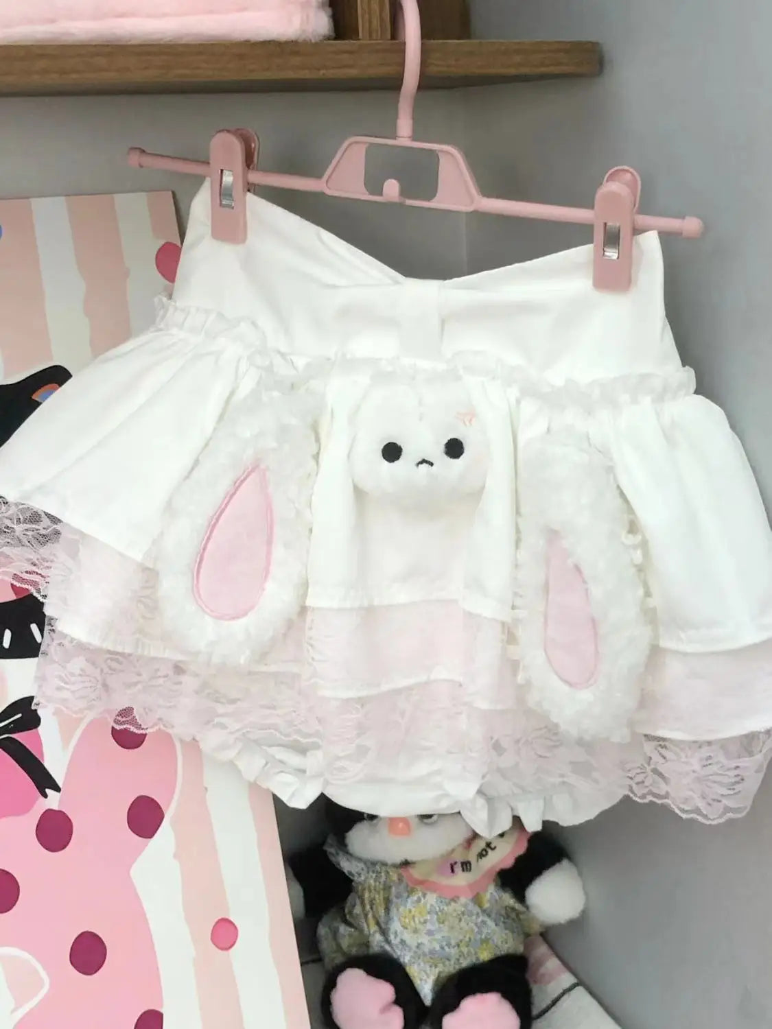 pastel bunny mini skirt frilly two-layer design with lace trims and 3D bunny face for DDLG ABDL play