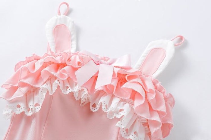 pastel pink bunny playdate onesie with layered frills, bows, and ears magical cutecore outfit