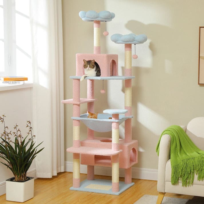 Indoor cat tree with 184cm height, cozy hammocks, condos, and pastel design in pink and blue.