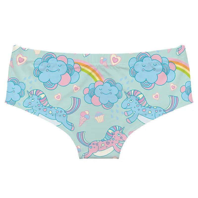 Soft pastel cloud panties with rainbow and unicorn motifs, breathable comfy fit for cutecore DDLG ABDL styles