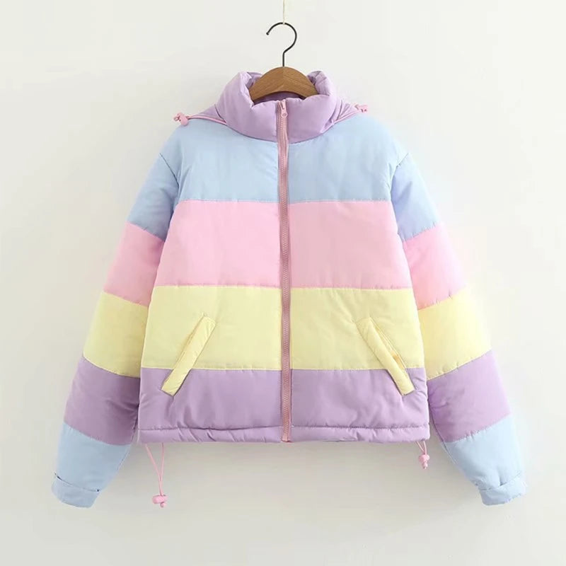 Pastel cloudcore hooded puffer, soft candy tones, ddlg kawaii pastel fashion, cozy cutecore outfit