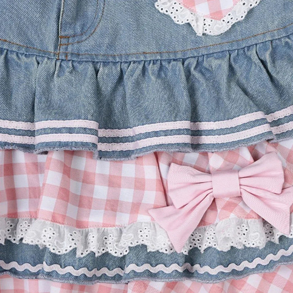 Pastel denim blue preppy skirt with kawaii pleats, perfect for dollcore fashion and soft girl aesthetics.