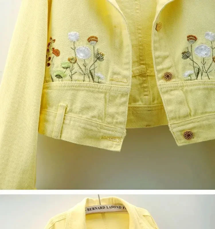 Pastel gold denim crop jacket π« kawaii baddie style with flirty cropped cut, floral embroidery & babycore DDLG ABDL vibes πΈ