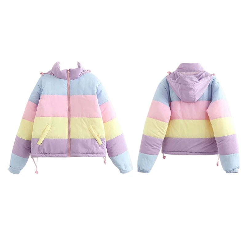Pastel hooded puffer jacket, babycore kawaii outerwear, cute baddie cozy street style