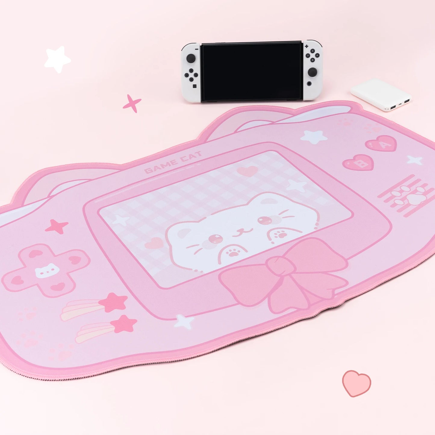 Pink pastel kawaii kitty mousepad featuring smooth cloth top and sturdy rubber backing for stable, cute desk setup