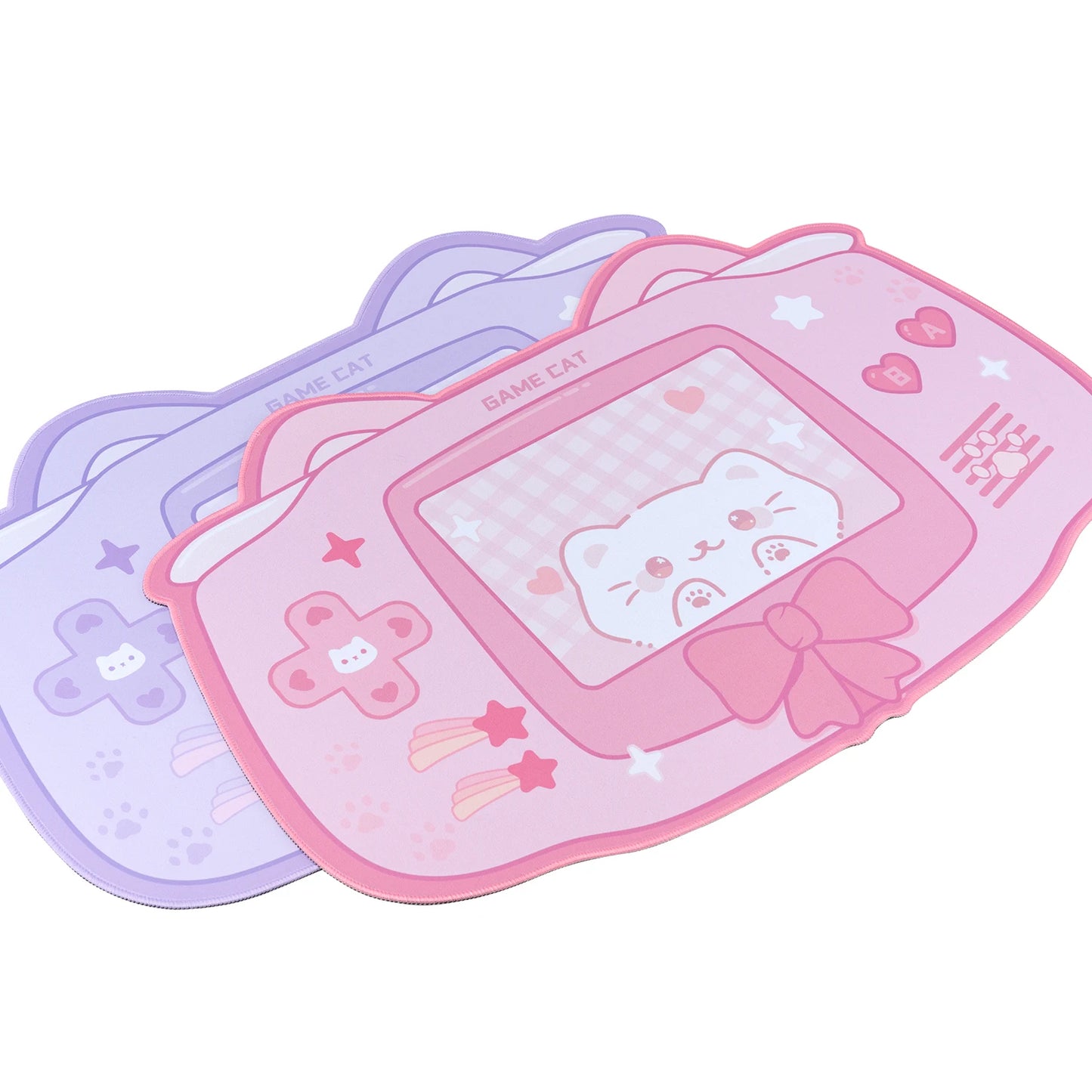 XL pastel kawaii kitty mousepads set with pink and purple cat ear designs, soft cloth surfaces, and anti-slip rubber bases
