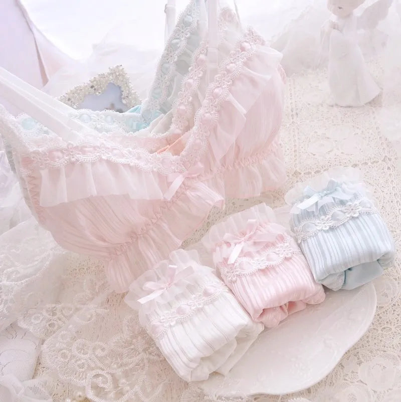 Pastel Lolita lingerie set with pink bow bra and low-waist panties in soft chiffon and milk silk
