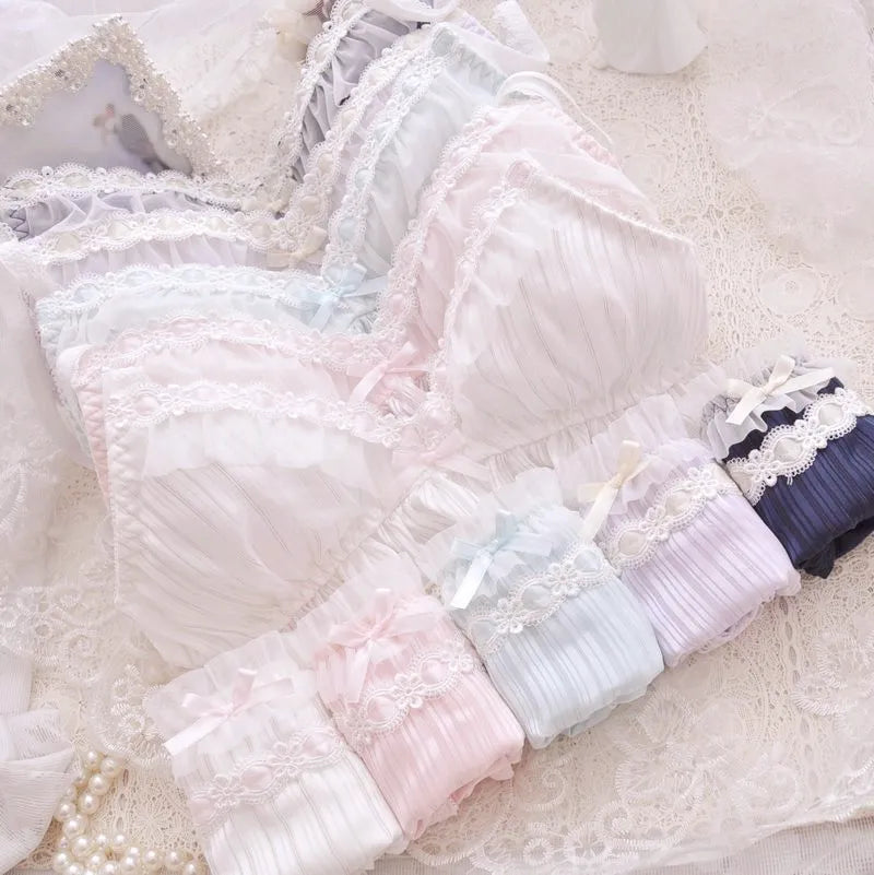 Pastel Lolita lingerie set available in pink and purple, featuring comfy milk silk and cotton-lined underwear