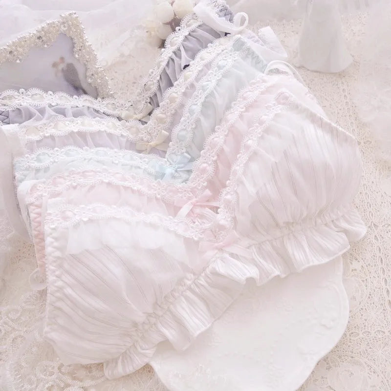 Soft girl pastel Lolita lingerie set in pink, light chiffon fabric with delicate frilly details