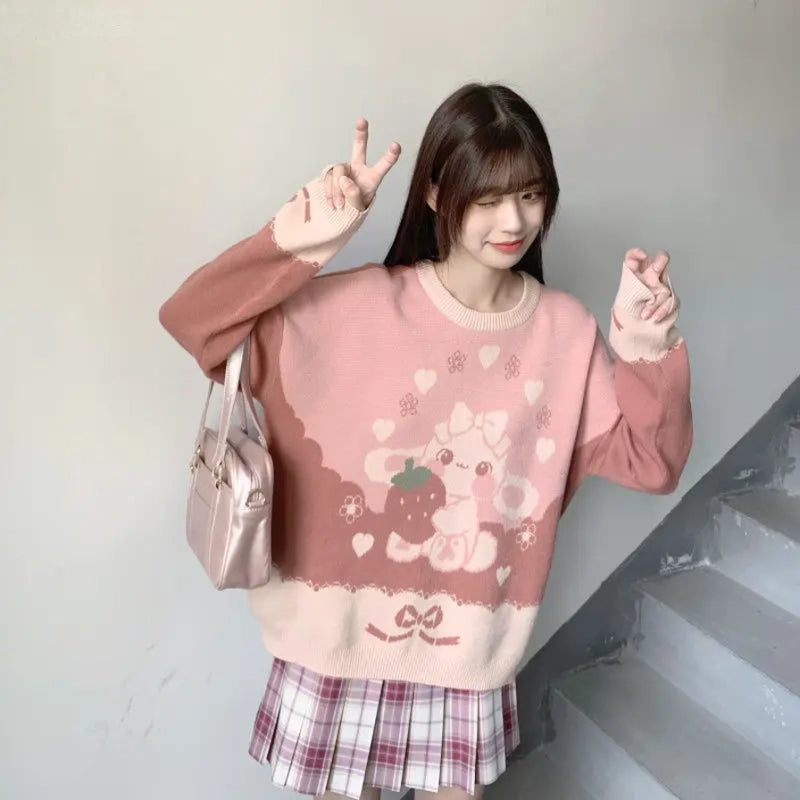 Cozy pastel Lolita sweater with fruit and bunny print – breathable knitwear for kawaii soft girl looks