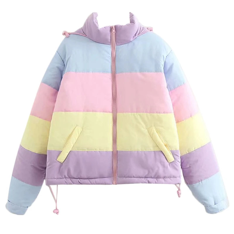Pastel Overdose Hooded Puffer, kawaii babycore pastel jacket, cozy ddlg streetwear, cute baddie vibes