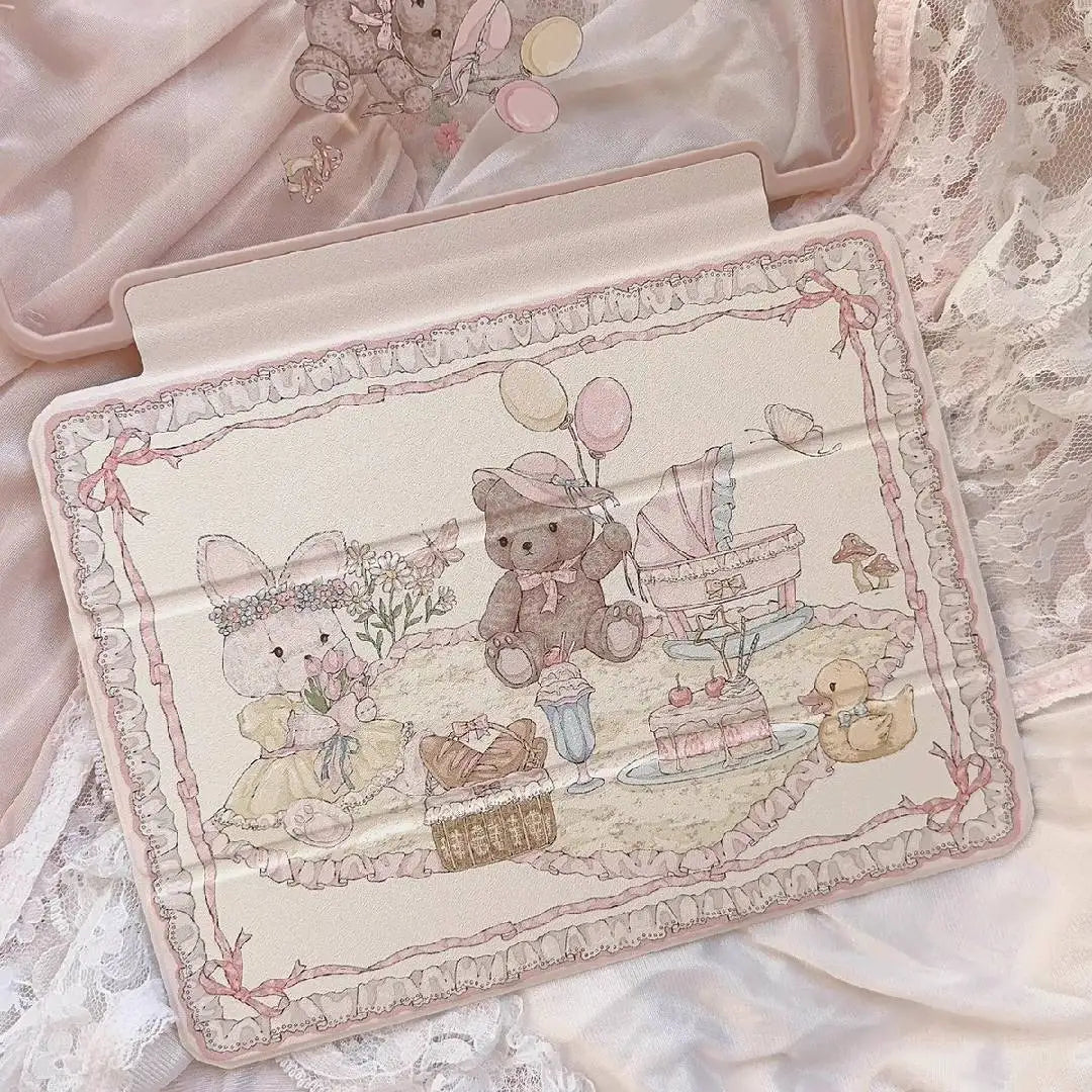 Pastel Picnic Pals iPad Cover with bear and bunny friends for cutecore and little space aesthetic 🌸