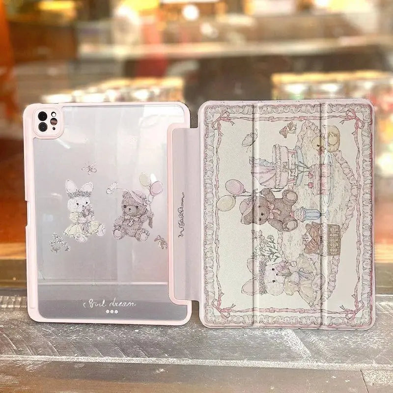 Pastel Picnic Pals iPad cover with bear and bunny friends, foldable for stand, typing, or flat mode, perfect for cutecore little space vibes 🌸✨