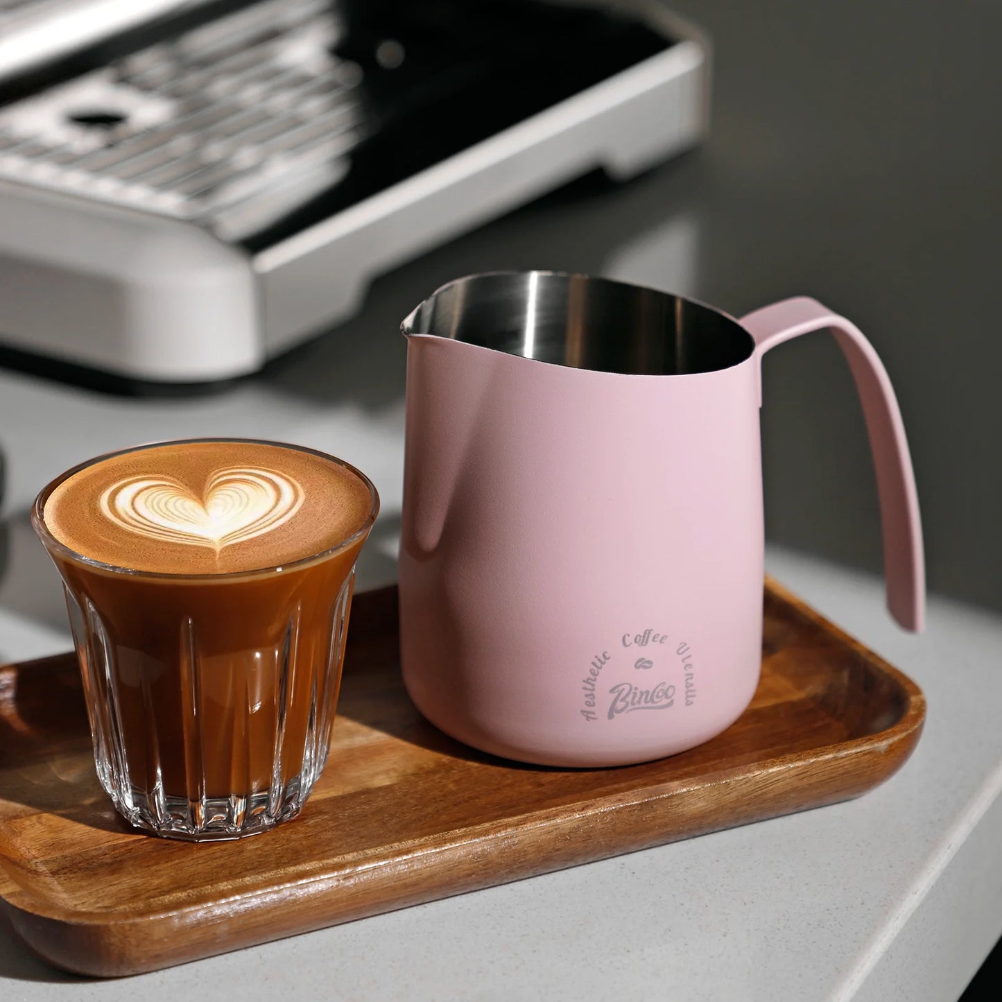 Pastel pink barista frothing pitcher cute and durable design ideal for latte and cappuccino lovers