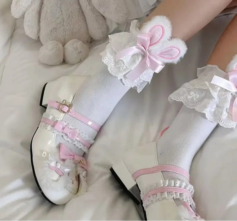 Adorable pastel pink Little Bunny Ears Lolita Socks for kawaii, cutecore, and playful DDLG/ABDL fashion