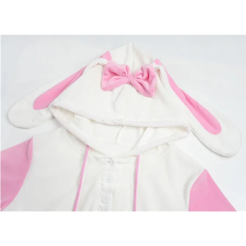 Pastel pink bunny onesie for ddlg abdl, kawaii hood with floppy ears, pompom details, and cute comfy fit