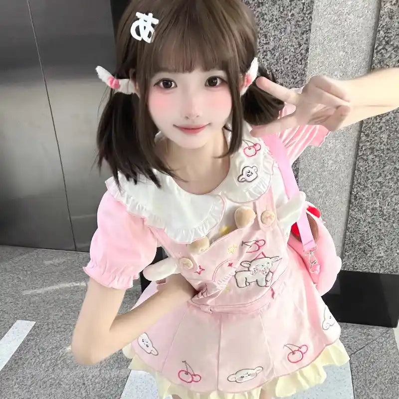 Back view of pastel pink kawaii suspender skirt with soft breathable fabric and adjustable straps