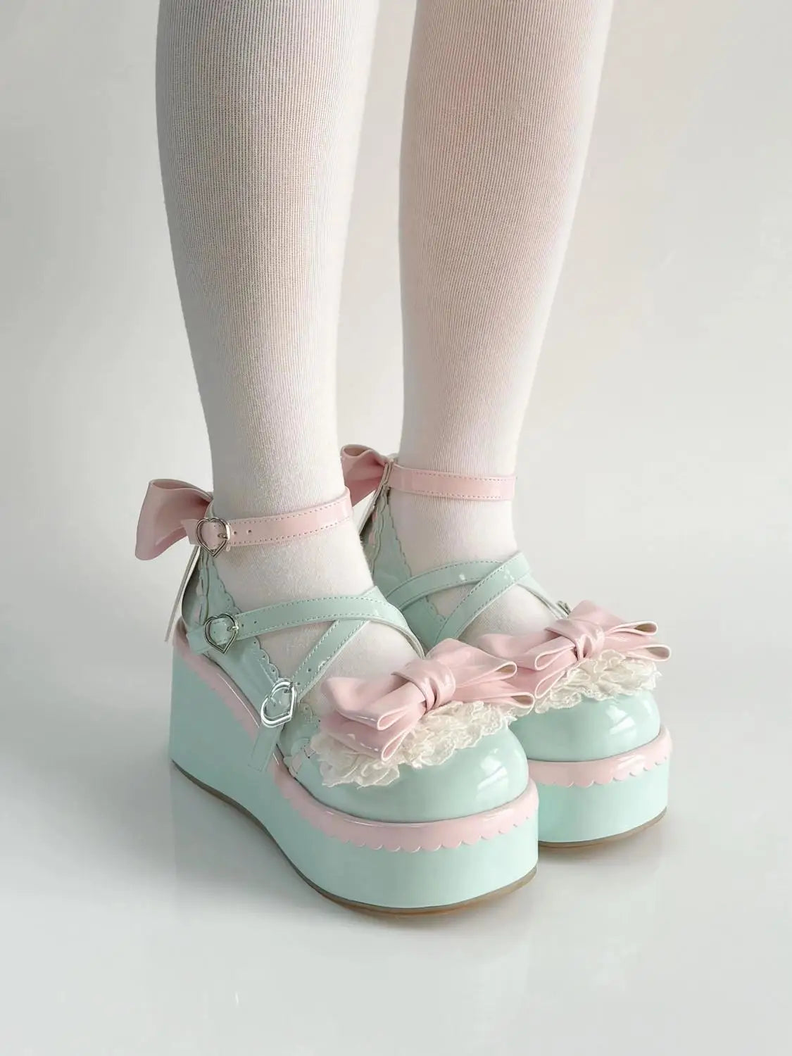 Pastel pink and mint lolita platform shoes with frilly bows for kawaii ABDL DDLG cute outfits