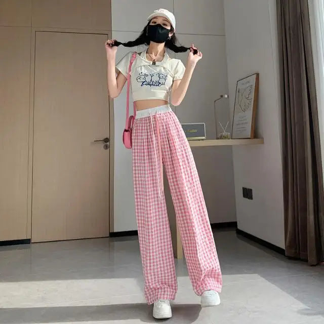 Pastel pink plaid everyday pants with breathable fabric for comfy ddlg abdl looks