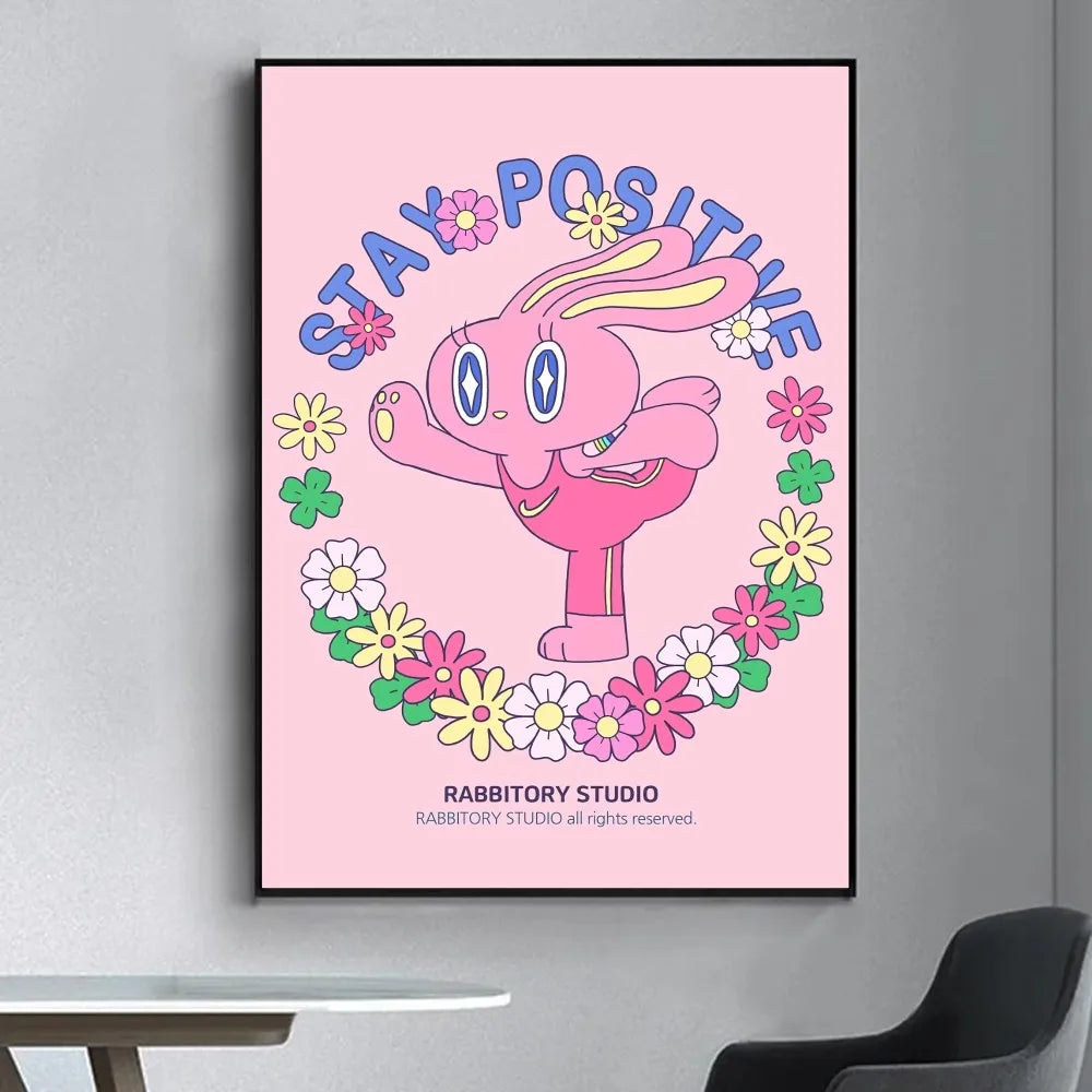 Pastel Positivity Bunny poster with flowers and sparkly eyes, kawaii DDLG ABDL wall art for cozy littlespace decor.