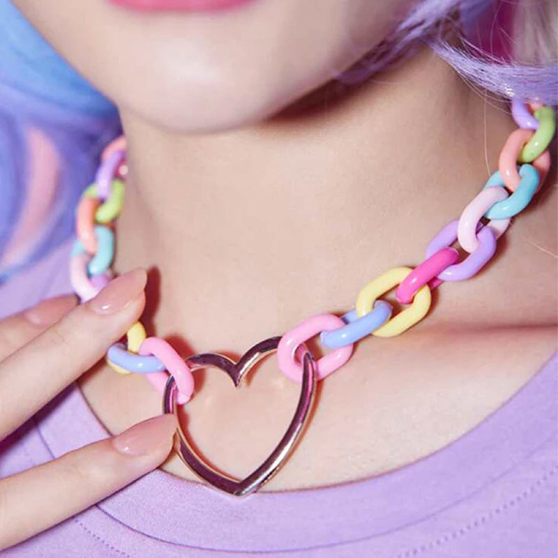 Pastel rainbow chain choker with silver heart centerpiece, kawaii DDLG and cutecore necklace for little space playdates