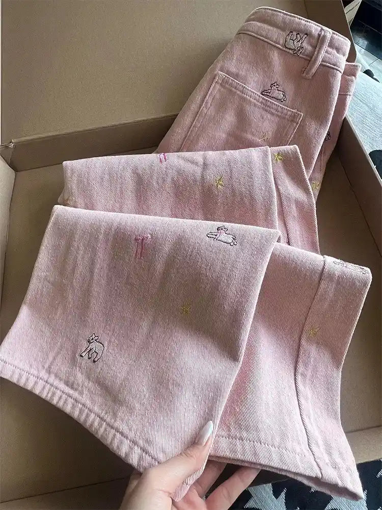 Pastel Ranch Cutie Denim with embroidered sheep, stars, and ribbons for kawaii ranchcore aesthetic pants