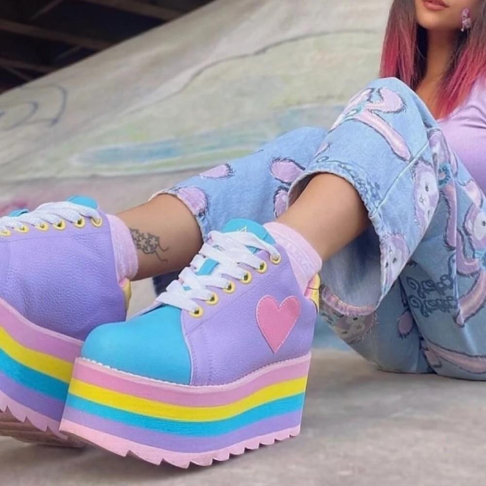 pastel rainbow heart platform sneakers perfect for brat energy and dollette style