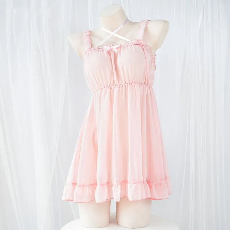 Pastel rose kawaii sleep dress, lightweight dreamy dress for cozy cutecore nights and playful lounging