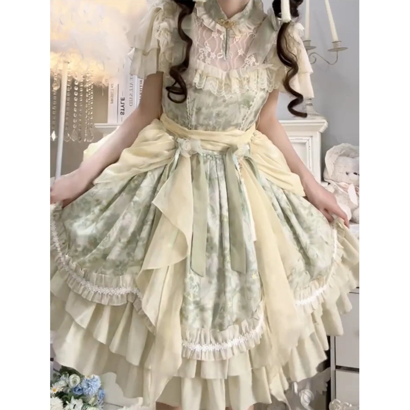 Pastel sage Lolita dress made with lightweight breathable fabric, perfect for summer