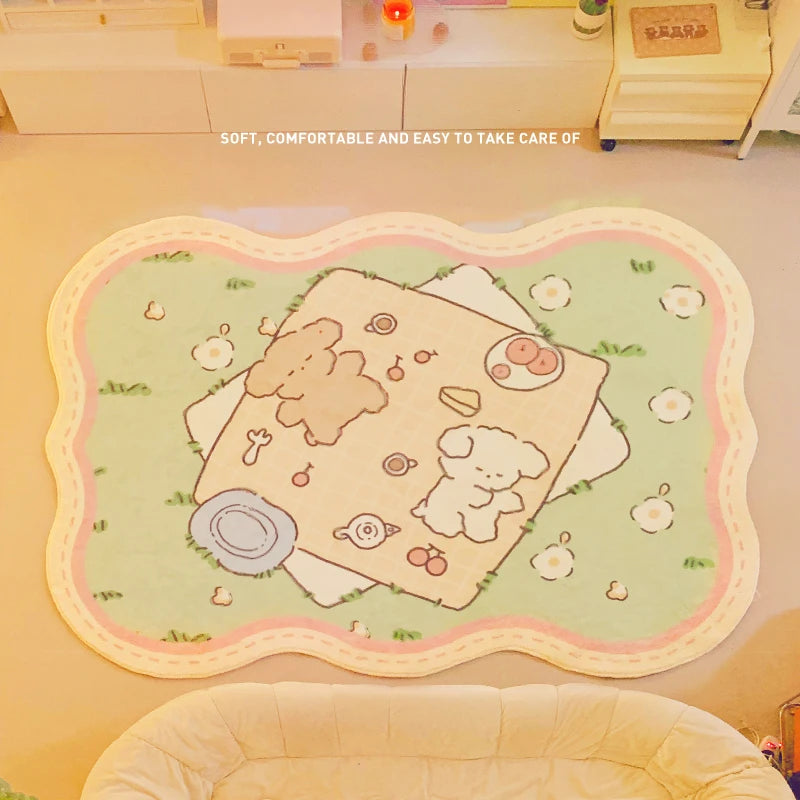 close-up pastel teddy bears picnic scene on green lawn with charming kawaii details