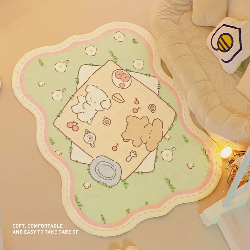 pastel cartoon teddy bears enjoying picnic on lush green lawn in soft kawaii aesthetic