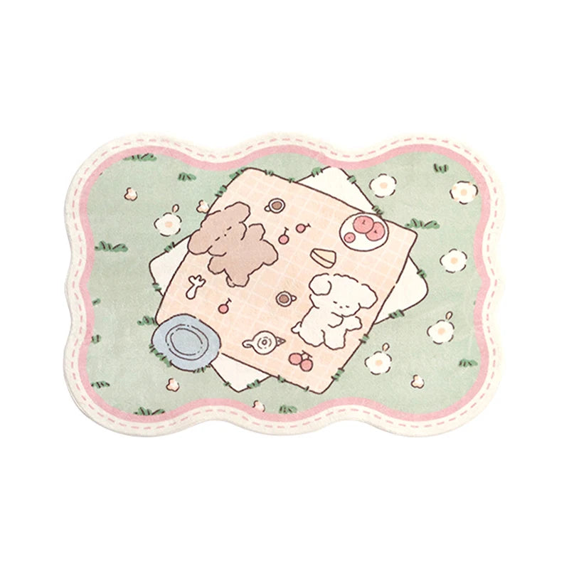 pastel teddy bears having picnic on green lawn in adorable kawaii style rug