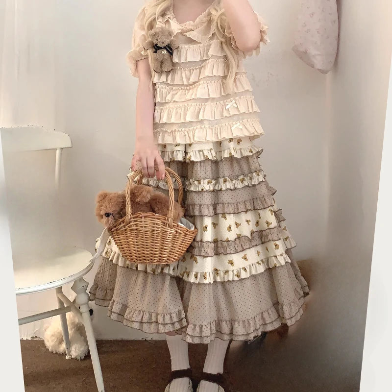 Midi skirt with teddy print for soft little fashion, DDLG, kawaii, and ABDL aesthetics