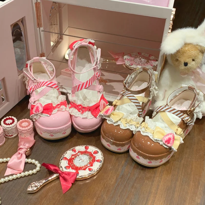 Pastelcore Chocolate Strawberry Dream Platforms featuring playful strawberry accents and heart buckle design