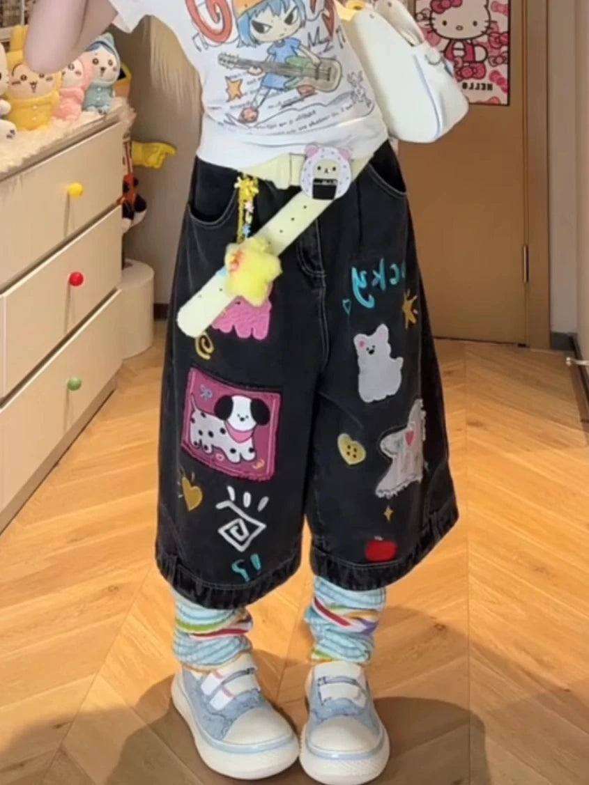 Pastelcore Lucky Charm Patchwork Denim with stitched cute patches, perfect for soft girl and cutecore outfits