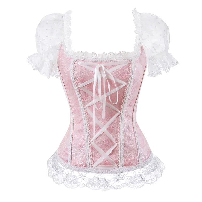 Petal pink corset top featuring delicate lace and adjustable ribbon tie for custom fit