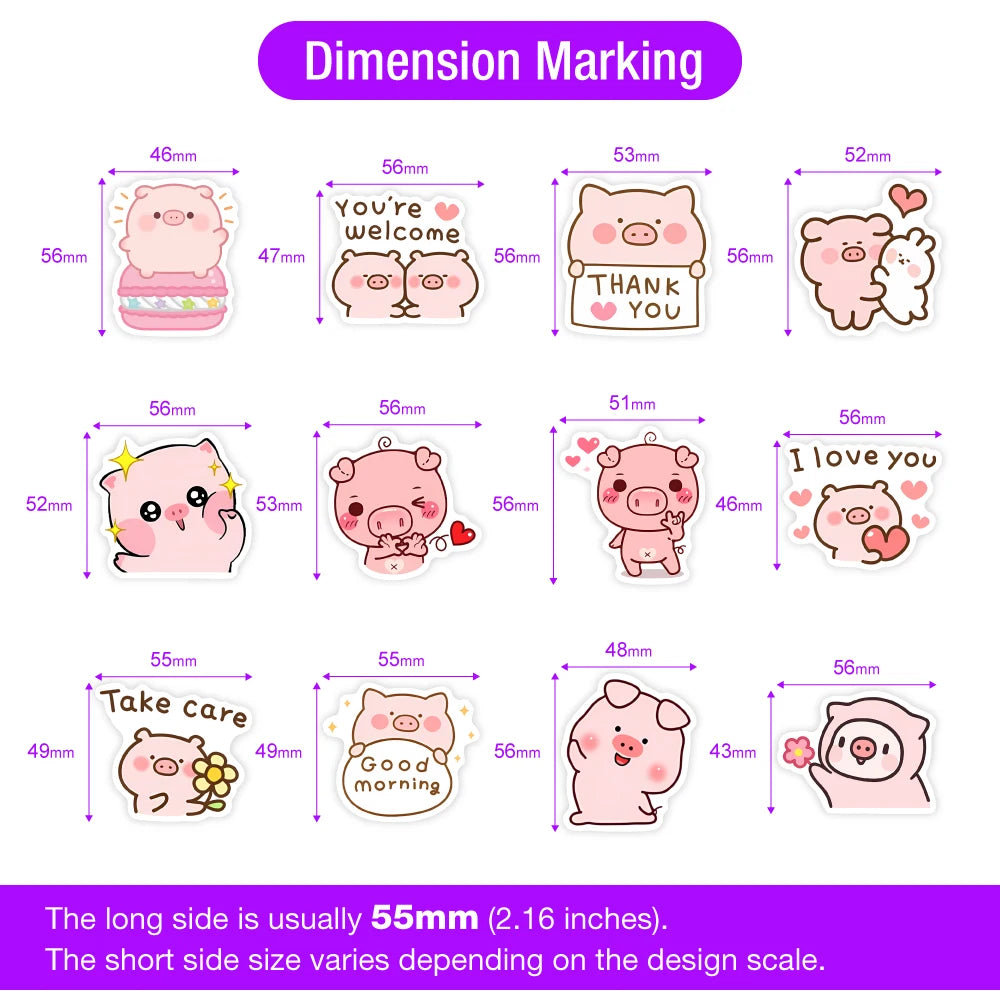 Piggie stickers perfect for decorating tech, journals, and phones, waterproof and sized 3 to 6 cm