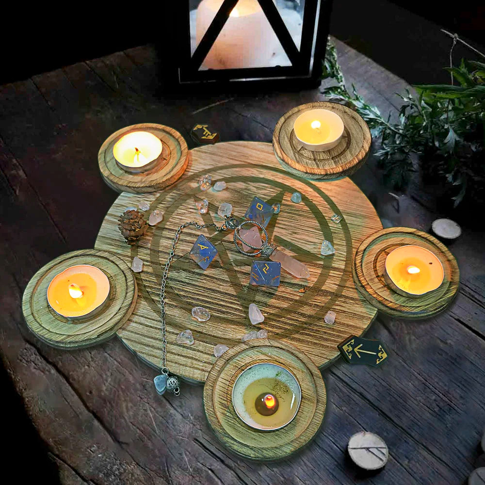 Handcrafted pine wood pentacle candle holder for DDLG altar and ritual use