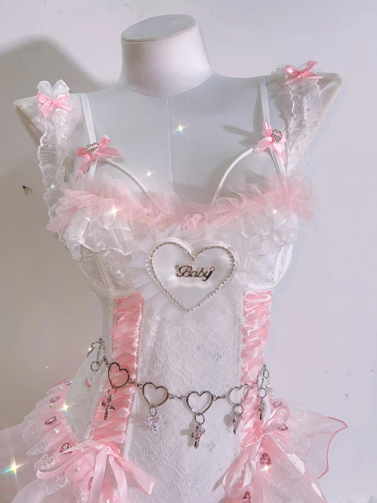 Pretty in Pink ballerina corset with adjustable lacing and heart accents, designed for babygirl and soft glam fashion vibes