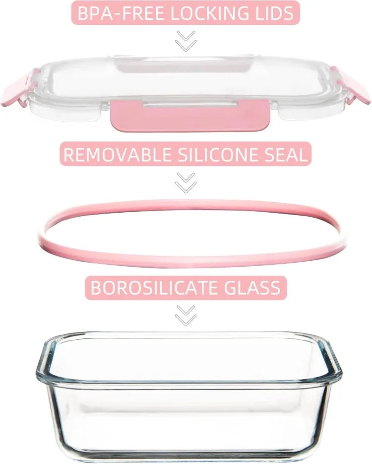 Durable pink borosilicate glass containers with airtight silicone lids for leak-proof, fresh food storage